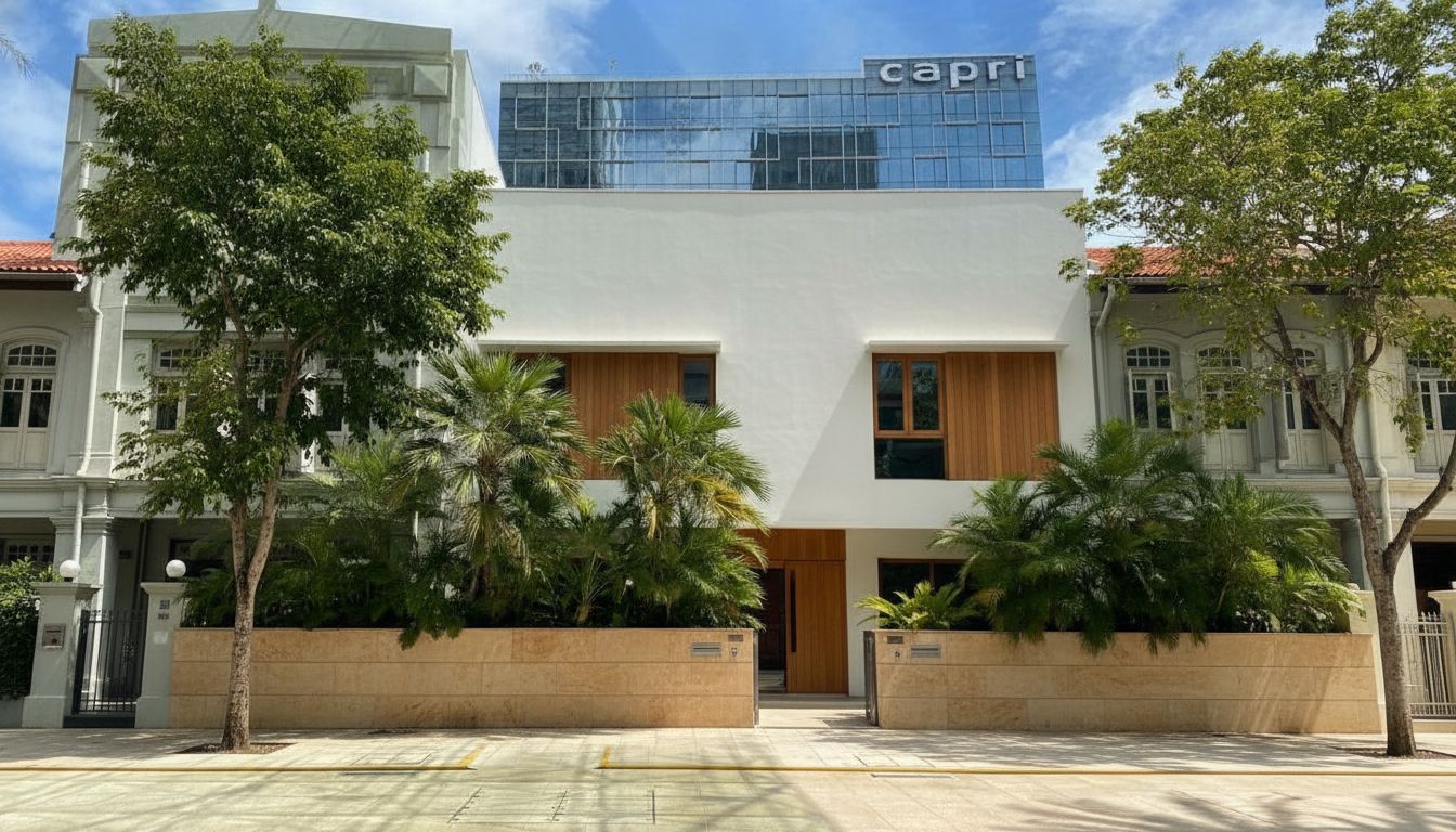 Editorial street-level photograph of a Telok Kurau landed terrace home in warm afternoon light